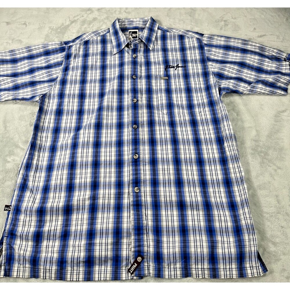 Phat Farm Mens L Short Sleeve Plaid Button-up Shirt Blue/White/Gray